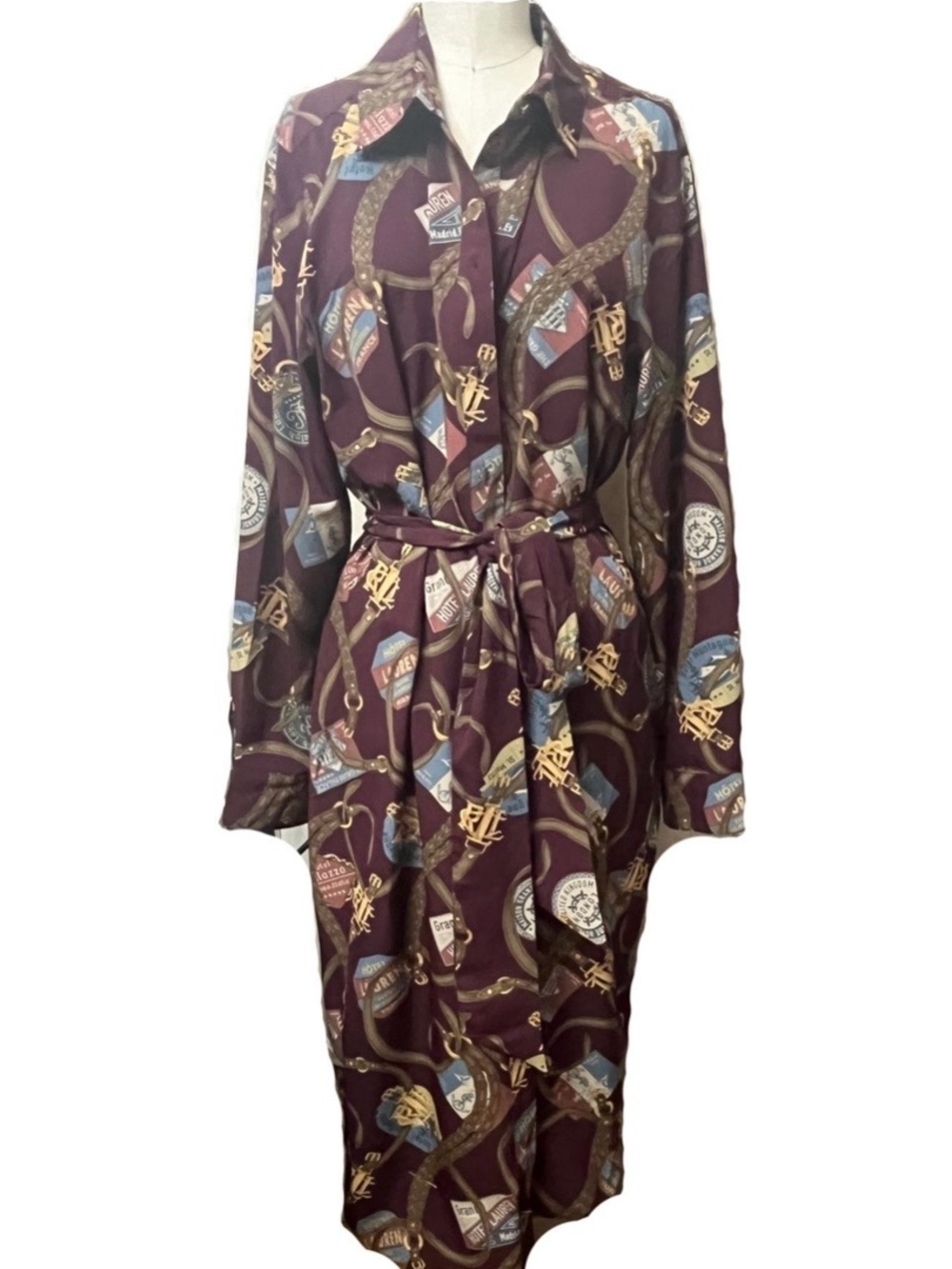 Ralph Lauren Burgundy Printed Long-Sleeve Belted Shirtdress